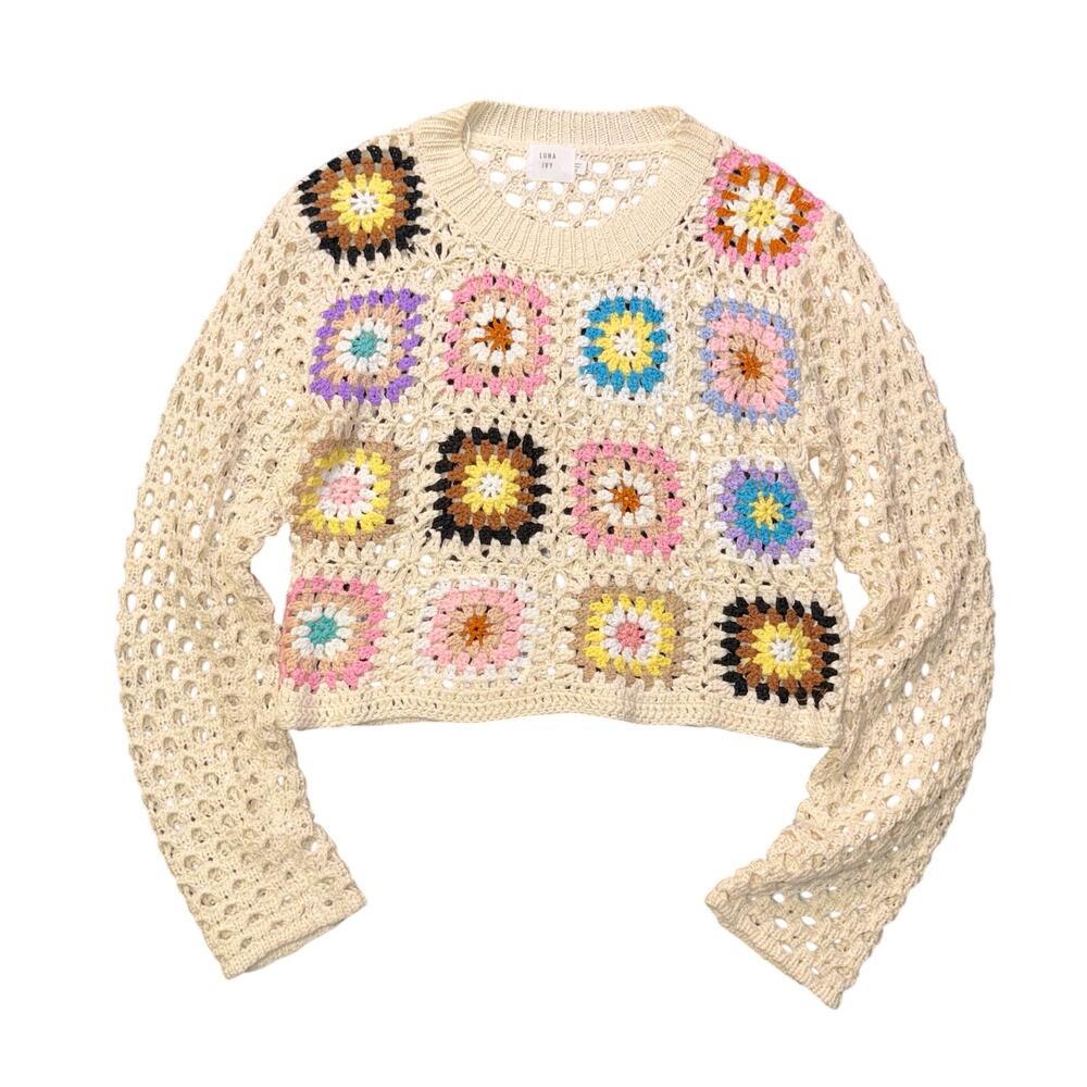 Crochet Open Knit Cream Sweater with Multicolor Squares